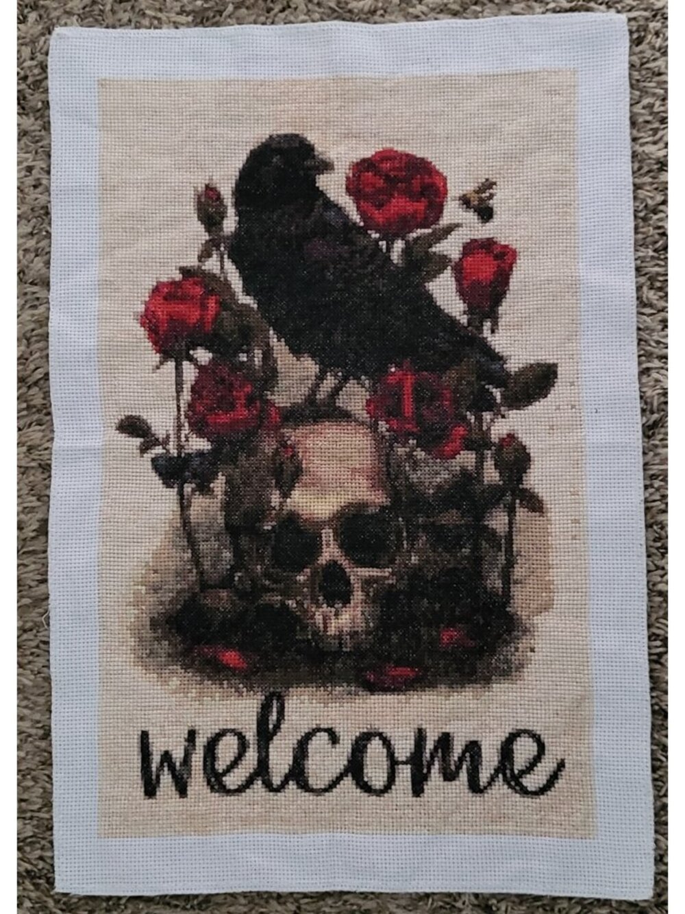Skull, Raven & Red Roses Welcome Picture Handmade Finished Cross-stich 11*17